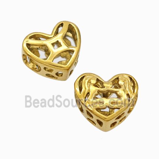 Titanium Steel Heart Beads Zodiac Gemini Large Hole Hollow Gold Plated