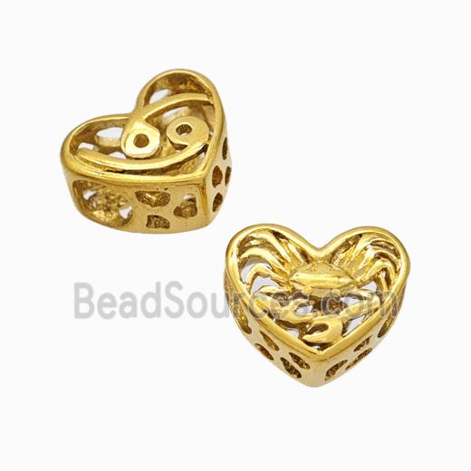 Titanium Steel Heart Beads Zodiac Cancer Large Hole Hollow Gold Plated