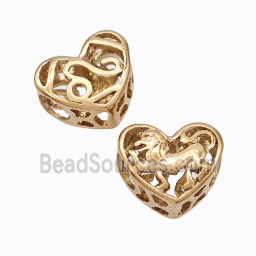 Titanium Steel Heart Beads Zodiac Leo Large Hole Hollow Rose Gold