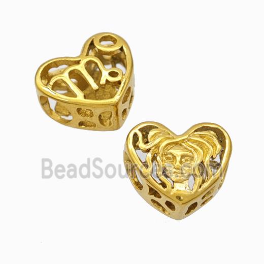 Titanium Steel Heart Beads Zodiac Virgo Large Hole Hollow Gold Plated