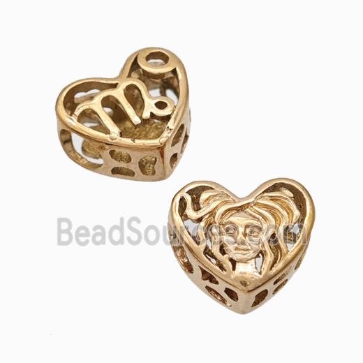 Titanium Steel Heart Beads Zodiac Virgo Large Hole Hollow Rose Gold