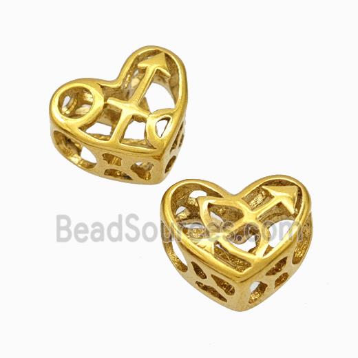 Titanium Steel Heart Beads Zodiac Sagittarius Large Hole Hollow Gold Plated