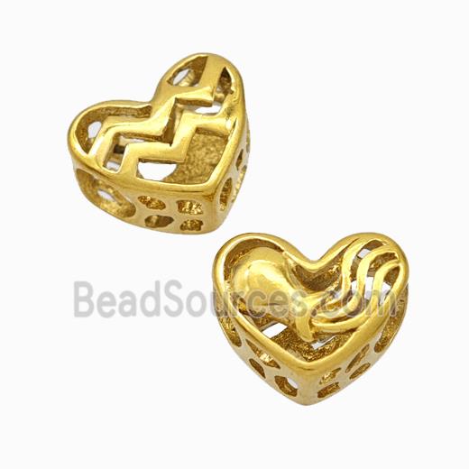 Titanium Steel Heart Beads Zodiac Aquarius Large Hole Hollow Gold Plated