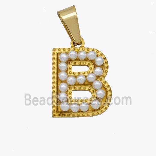 Stainless Steel Pendant Pave Pearlized Resin Letter-B Gold Plated