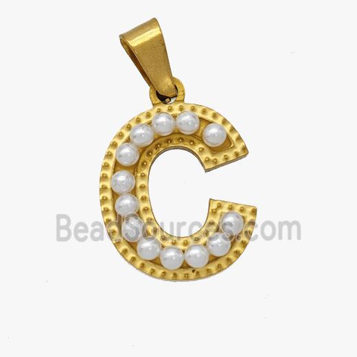 Stainless Steel Pendant Pave Pearlized Resin Letter-C Gold Plated