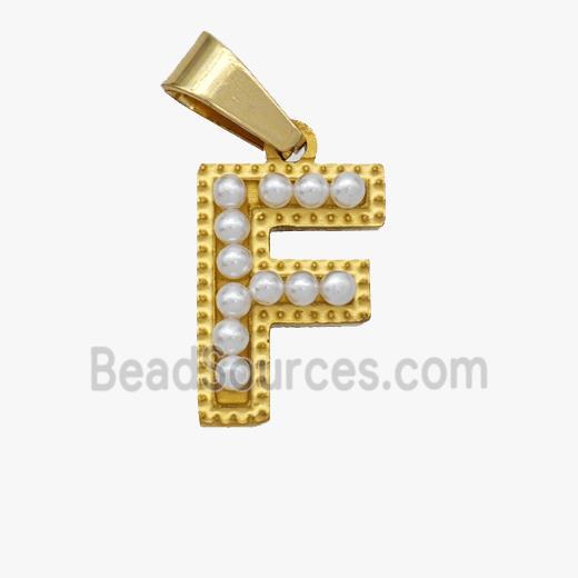 Stainless Steel Pendant Pave Pearlized Resin Letter-F Gold Plated