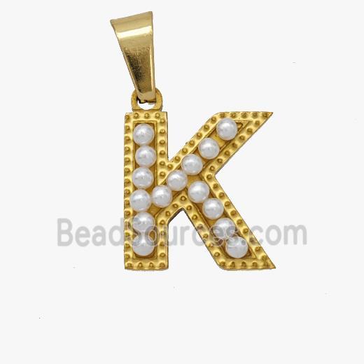 Stainless Steel Pendant Pave Pearlized Resin Letter-K Gold Plated