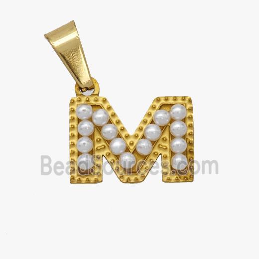 Stainless Steel Pendant Pave Pearlized Resin Letter-M Gold Plated