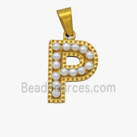 Stainless Steel Pendant Pave Pearlized Resin Letter-P Gold Plated