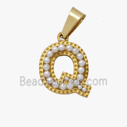 Stainless Steel Pendant Pave Pearlized Resin Letter-Q Gold Plated