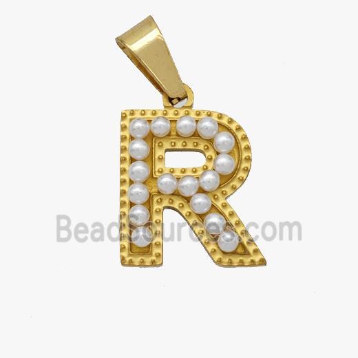 Stainless Steel Pendant Pave Pearlized Resin Letter-R Gold Plated