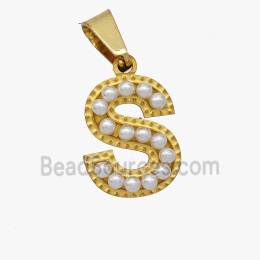 Stainless Steel Pendant Pave Pearlized Resin Letter-S Gold Plated