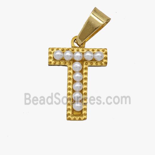 Stainless Steel Pendant Pave Pearlized Resin Letter-T Gold Plated
