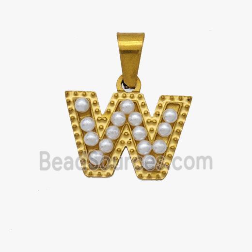 Stainless Steel Pendant Pave Pearlized Resin Letter-W Gold Plated