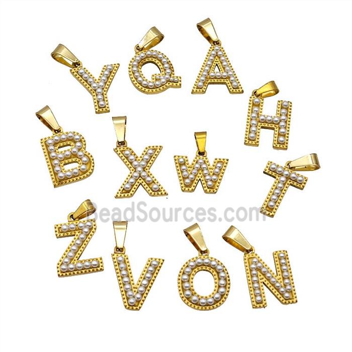 Stainless Steel Alphabet Pendant Pave Pearlized Resin Mix Letters Gold Plated