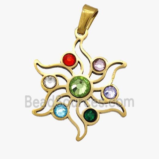Stainless Steel Flower Pendant Micropave Rhinestone Chakra Gold Plated