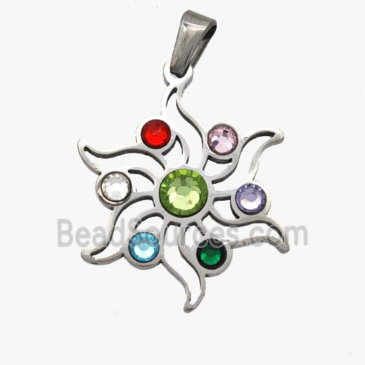 Raw Stainless Steel Flower Pendant Micropave Rhinestone Chakra