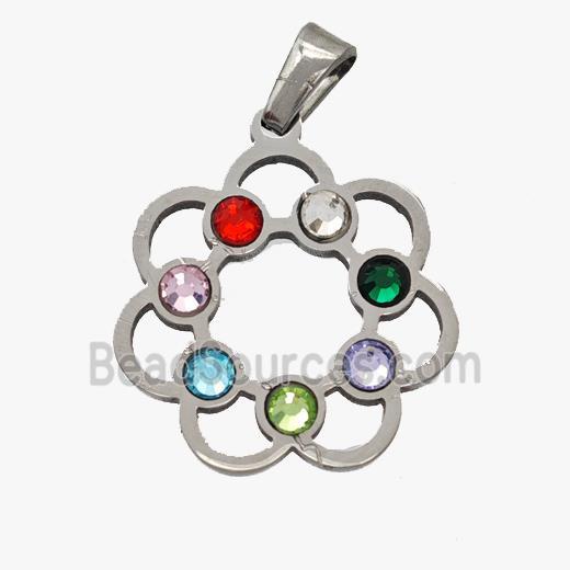 Raw Stainless Steel Flower Pendant Micropave Rhinestone Chakra