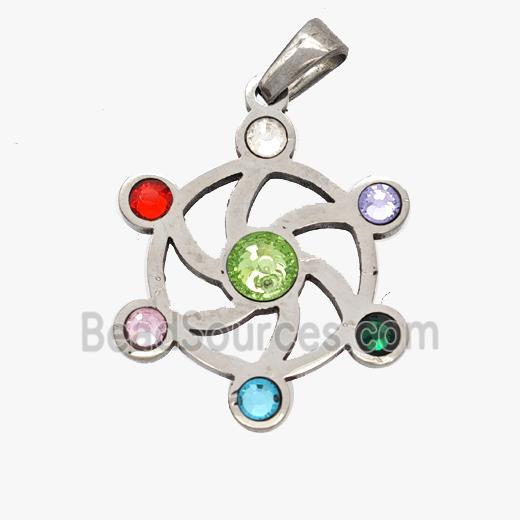 Raw Stainless Steel Flower Pendant Micropave Rhinestone Chakra