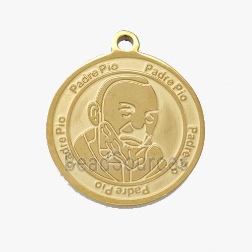 Stainless Steel Pendant Medal Padre Pio Circle Gold Plated