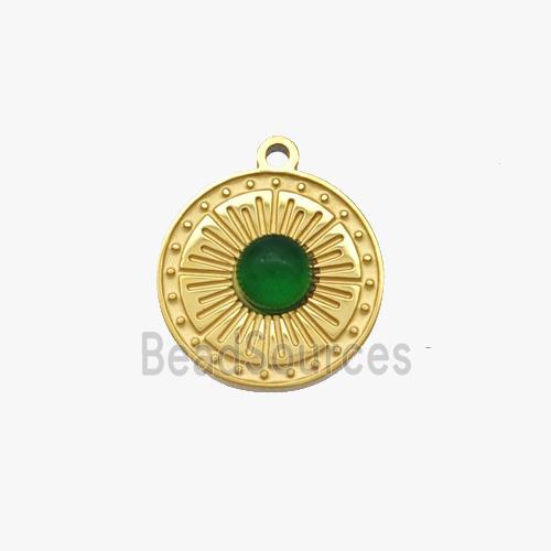 Stainless Steel Sun Pendant Pave Green Jade Gold Plated