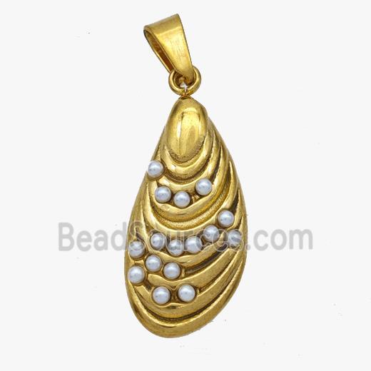 Stainless Steel Teardrop Pendant Pave Pearlized Resin Gold Plated