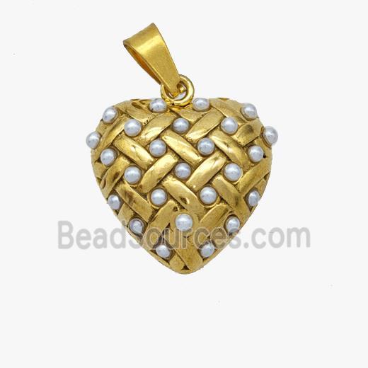 Stainless Steel Heart Pendant Pave Pearlized Resin Gold Plated