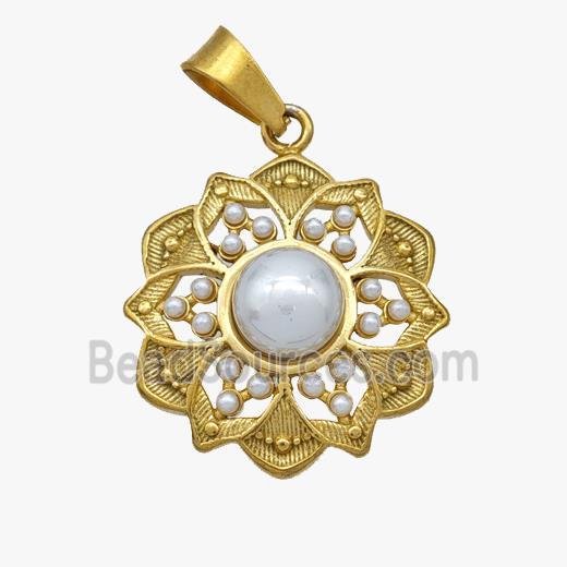 Stainless Steel Flower Pendant Pave Pearlized Resin Gold Plated