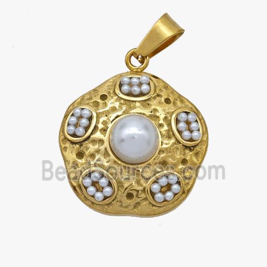 Stainless Steel Flower Pendant Pave Pearlized Resin Gold Plated