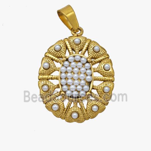 Stainless Steel Flower Pendant Pave Pearlized Resin Gold Plated