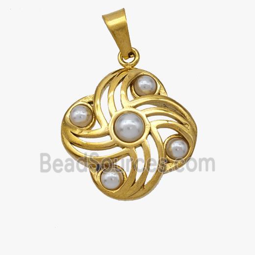 Stainless Steel Flower Pendant Pave Pearlized Resin Gold Plated