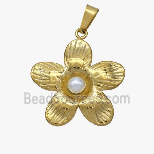 Stainless Steel Flower Pendant Pave Pearlized Resin Gold Plated