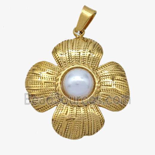 Stainless Steel Flower Pendant Pave Pearlized Resin Gold Plated