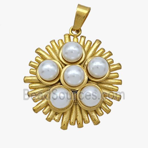 Stainless Steel Flower Pendant Pave Pearlized Resin Gold Plated