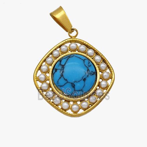 Stainless Steel Square Pendant Pave Blue Howlite Pearlized Resin Gold Plated