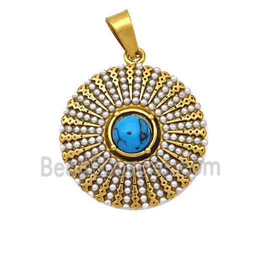 Stainless Steel Flower Pendant Pave Blue Howlite Pearlized Resin Gold Plated