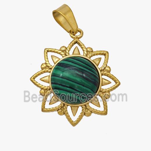 Stainless Steel Flower Pendant Pave Synthetic Malachite Gold Plated