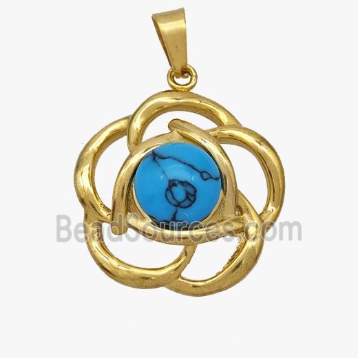 Stainless Steel Flower Pendant Pave Blue Howlite Gold Plated