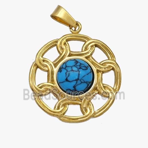 Stainless Steel Flower Pendant Pave Blue Howlite Gold Plated