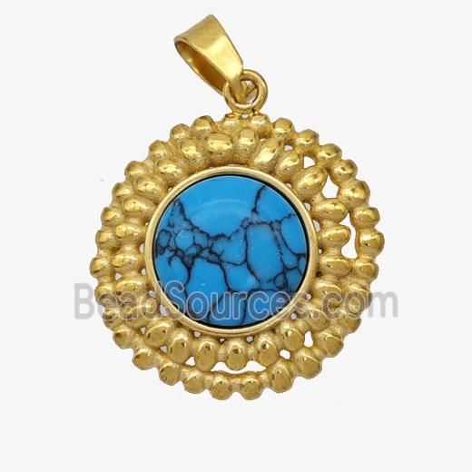 Stainless Steel Sunflower Pendant Pave Blue Howlite Gold Plated