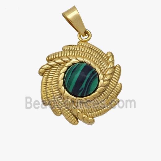 Stainless Steel Flower Pendant Pave Blue Howlite Gold Plated