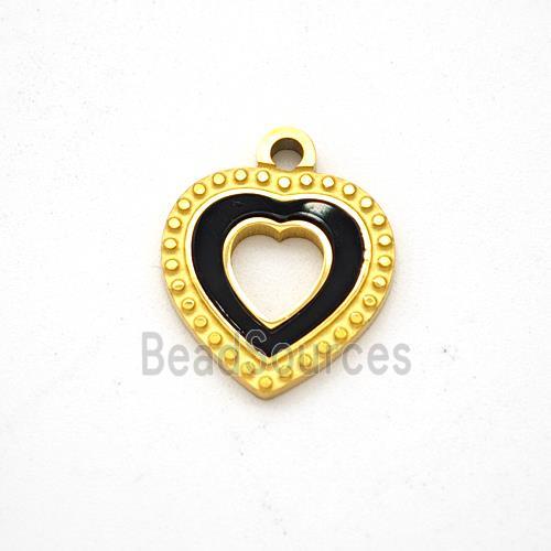 Stainless Steel Heart Pendant Pave Black Acrylic Gold Plated