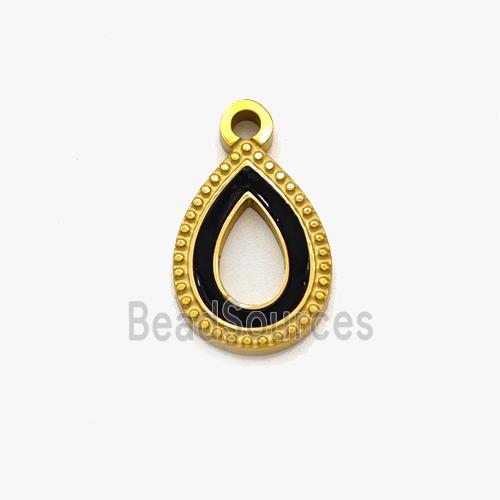 Stainless Steel Teardrop Pendant Pave Black Acrylic Hollow Gold Plated