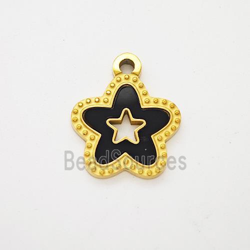 Stainless Steel Star Pendant Pave Black Acrylic Hollow Gold Plated