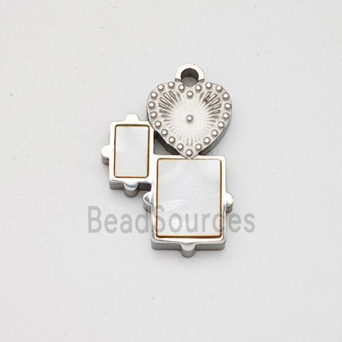 Raw Stainless Steel Heart Rectangle Pendant Pave Shell