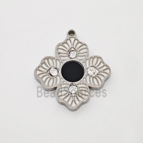Raw Stainless Clover Leaf Pendant Pave Rhinestone Black Acrylic