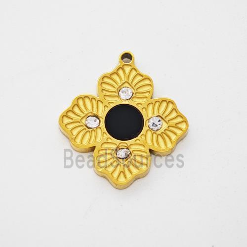Stainless Steel Clover Pendant Pave Rhinestone Black Acrylic Gold Plated