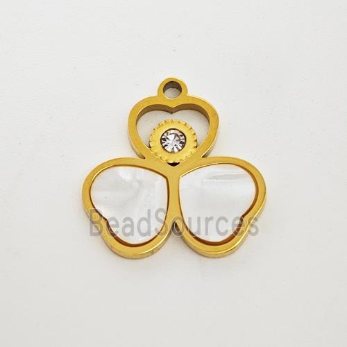 Stainless Steel Clover Pendant Pave Shell Rhinestone Gold Plated