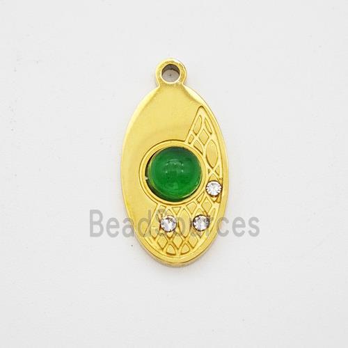 Stainless Steel Leaf Pendant Pave Green Jade Rhinestone Gold Plated