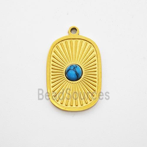 Stainless Steel Sun Pendant Pave Blue Howlite Rectangle Gold Plated